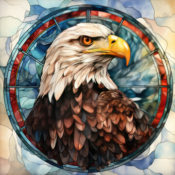 Watercolor Round Faux Stained Glass Eagle USA Flag Clipart illustration Generative Ai