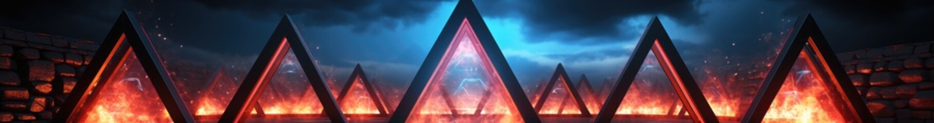 Poster - Neon rounded triangle frame with shining effects and sparkles on dark background. Empty glowing techno backdrop. Vector illustration