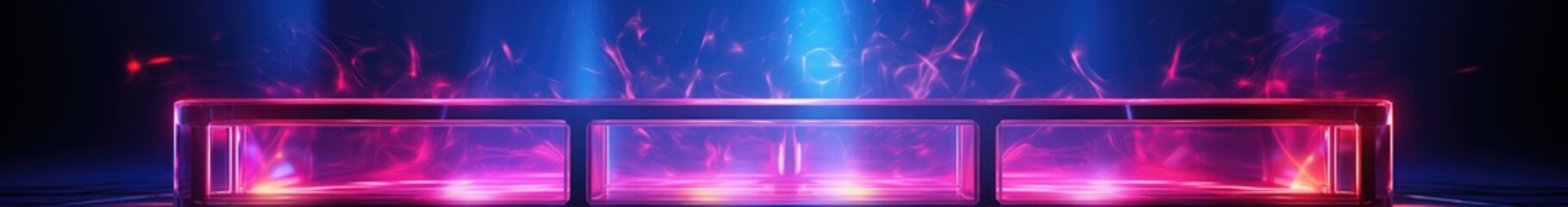 Poster - Neon sign. Square frame with glowing and light. Electric bright 3d rectangle banner design on dark blue backdrop. Neon abstract background with flares and sparkles