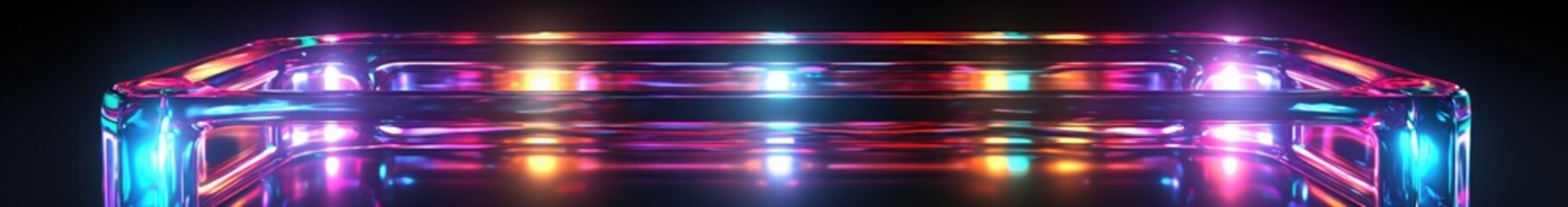 Poster - Neon square shape frame with shining effects multi-colored on black background. Glowing reflection technology backdrop