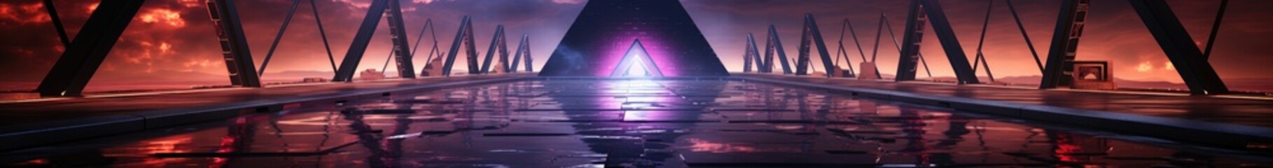 Poster - Neon Stage Showroom Concept Dark Sci Fi Alien Grunge Concrete Room Reflective Texture And Abstract Pink Blue Purple Abstract Led Laser Neon Glowing Light Triangle Shaped Lights Background  