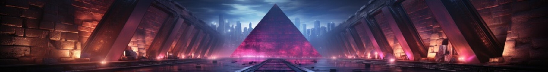 Poster - Neon Stage Showroom Concept Dark Sci Fi Alien Grunge Concrete Room Reflective Texture And Abstract Pink Blue Purple Abstract Led Laser Neon Glowing Light Triangle Shaped Lights Background 