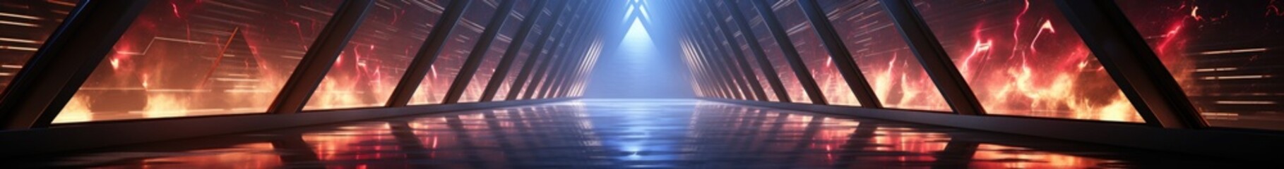 Poster - Neon Stage Showroom Concept Dark Sci Fi Alien Grunge Concrete Room Reflective Texture And Abstract Pink Blue Purple Abstract Led Laser Neon Glowing Light Triangle Shaped Lights Background 