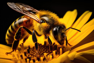 Macro close up of the bee collecting nectar of the yellow flower