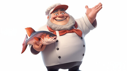 Poster - 3d cartoon of chef hold fish in white background