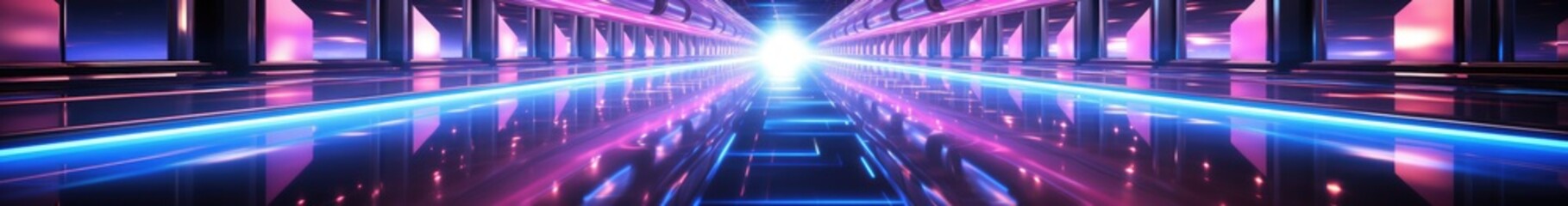 Poster - Neon tunnel with smooth transition from blue to pink with reflection in the floor, virtual corridor - 3D Illustration