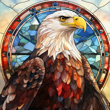 Watercolor Round Faux Stained Glass Eagle USA Flag Clipart illustration Generative Ai