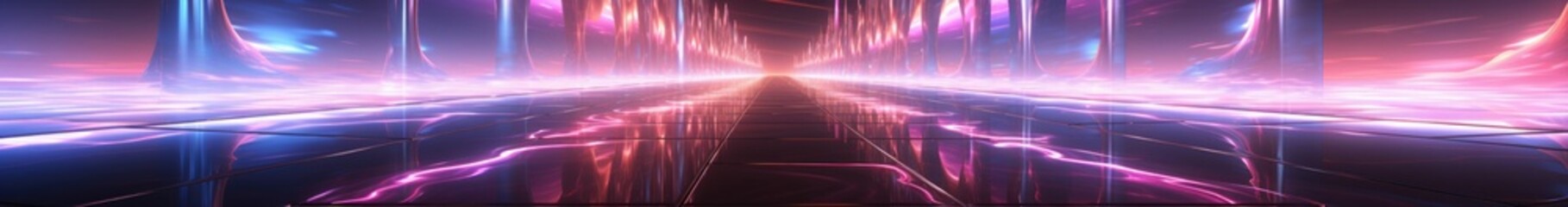 Poster - Neon tunnel with smooth transition from blue to pink with reflection in the floor, virtual corridor - 3D Illustration