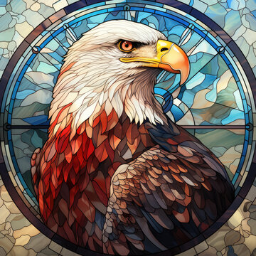 Watercolor Round Faux Stained Glass Eagle USA Flag Clipart illustration Generative Ai
