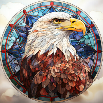 Watercolor Round Faux Stained Glass Eagle USA Flag Clipart illustration Generative Ai