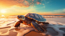 Coastal Carapace Calm: Turtle On The Sunset Beach