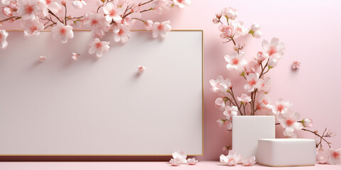 Wall Mural - Blank frame and flowers on the pink background mockup. Concept for marketing banner, wedding greeting card, social media, Valentines Day, Birthday, Women's Day, Mother's day, celebration, beauty a