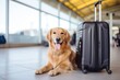 The dog is at the airport next to the luggage waiting for his flight. The pet moves to another city and country, traveling with his best friend. Cute golden retriever. Generative AI.