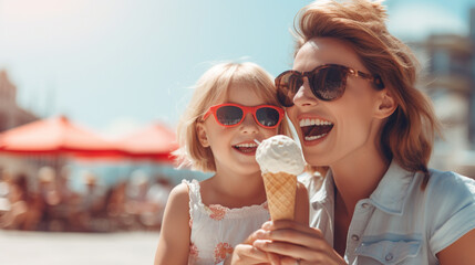 Wall Mural - happy mother with daughter eating ice cream in the park in summer.