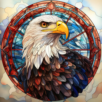 Watercolor Round Faux Stained Glass Eagle USA Flag Clipart illustration Generative Ai