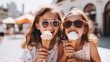 © Anna - happy mother with daughter eating ice cream in the park in summer.