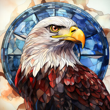 Watercolor Round Faux Stained Glass Eagle USA Flag Clipart illustration Generative Ai