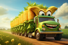 A Cheerful Green Animated Truck Is Carrying Corn