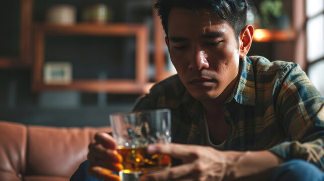 health care alcoholism drunk, fatigue asian young man hand holding glass of whiskey, alone depressed