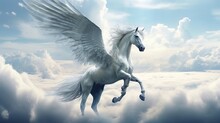 White Pegasus Unicorn. White Horse With Wings In Clouds