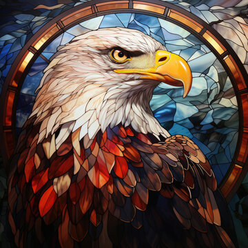 Watercolor Round Faux Stained Glass Eagle USA Flag Clipart illustration Generative Ai