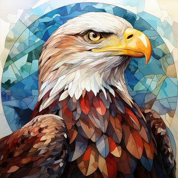 Watercolor Round Faux Stained Glass Eagle USA Flag Clipart illustration Generative Ai