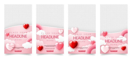 Set of happy valentine’s day banner template. special discount promotion sale offer with pink rainbow, sweet heart background for valentine online shop, store, advertising, web and social media post