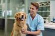 © Vilaysack - Young Veterinarian Petting a Noble Golden Retriever Dog. Healthy Pet on a Check Up Visit in Modern Veterinary Clinic with a Professional Caring Doctor. ai generative