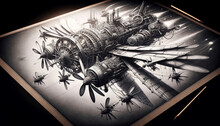 A High-quality Image Of A Detailed Drawing Of A Fantastical Flying Machine, In A 16_9 Ratio.