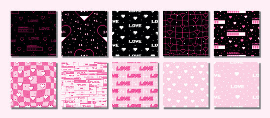Poster - Big set of seamless patterns in the style of the 2000s on a black and pink background. Vector illustration for Valentine's Day. Template for card, fabric, textile, wallpaper, paper, packaging