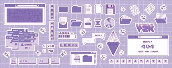 Aufkleber - Big set of stickers in the trendy y2k style. Old computer aesthetics from the 90s, 00s. Retro PC elements, user interface. Vector design elements for scrapbooking
