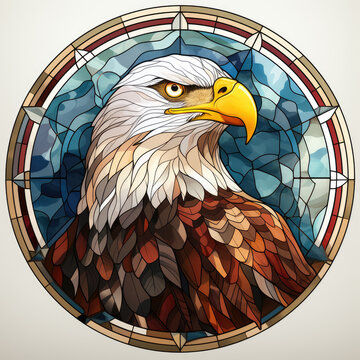 Watercolor Round Faux Stained Glass Eagle USA Flag Clipart illustration Generative Ai