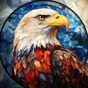 Watercolor Round Faux Stained Glass Eagle USA Flag Clipart illustration Generative Ai