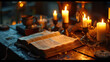 Candlelit Passion Narrative:  An intimate setting with candles illuminating the pages of the Passion narrative, creating a sacred atmosphere on Good Friday