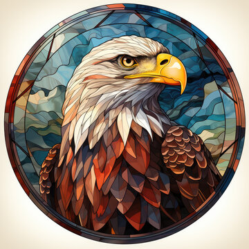 Watercolor Round Faux Stained Glass Eagle USA Flag Clipart illustration Generative Ai