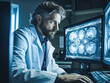 The doctor looks at a picture of the brain, Magnetic resonance imaging. AI generated