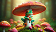A whimsical scene with a frog sitting atop a colorful mushroom, depicted in a whimsical, animated art style.