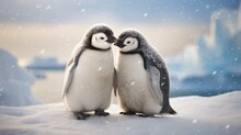 A Pair Of Penguins Waddling Side By Side, Their Adorable Antics Creating A Heartwarming Moment Against The Pristine Antarctic Snow.