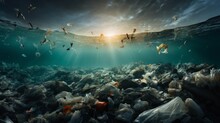 Ocean Pollution With An Image Featuring A Variety Of Plastic Trash Including Bags And Bottles Floating In The Sea.This Impactful Visual Captures The Environmental Challenges Posed By Plastic Waste