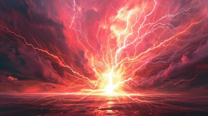 Wall Mural - Lightning strikes the ground on a red background