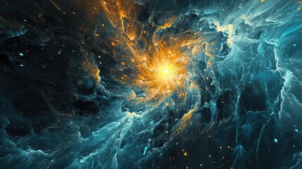 Poster - Abstract fantastic background of blue waves of smoke in the middle of which is a light source