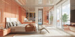 Modern bedroom in trendy peach color of the year 2024, glossy walls, floors and cabinets