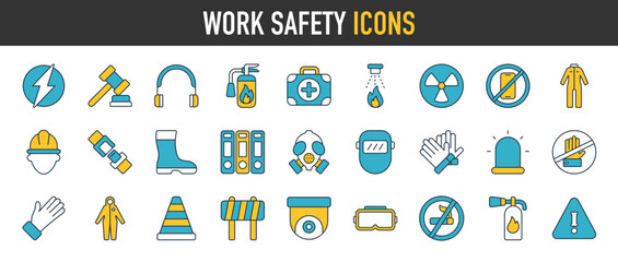 protection and work safety the workplace icon set. work area safety, icons. notification and warning