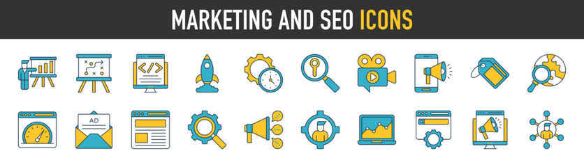 Marketing and seo icon set. Search Engine Optimization icon collection. Such as business, traffic management, social network, ranking, optimization, link and keyword. Solid icons vector illustration.