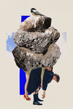 Poster. Contemporary Art Collage. Man Carrying On Back Her Slipping Girlfriend With Pyramid F Stones And Bird. Concept Of Travel And Architecture, Journey And Adventures, Romance, Love, Relationship.
