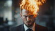 Hot Head Businessman in Angry Mood and Emotion with Fire on head in Office