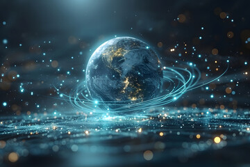 Futuristic Nexus: A representation of the planet earth enmeshed in a high-tech network of information flow.