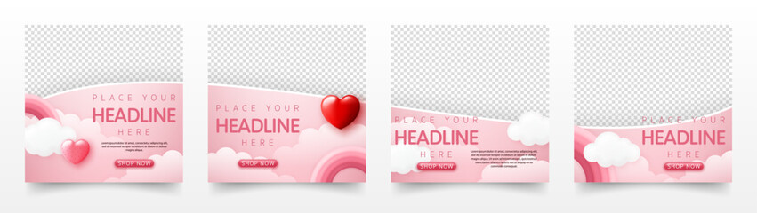 set of happy valentine’s day banner template. special discount promotion sale offer with pink rainbo