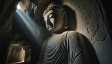 A Stone Carving Of The Buddha In A Cave Temple, Lit By Sunlight.