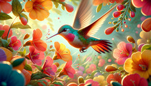 A Whimsical, Animated Art Style Image Of A Close-up Of A Hummingbird Hovering Near Bright Flowers.